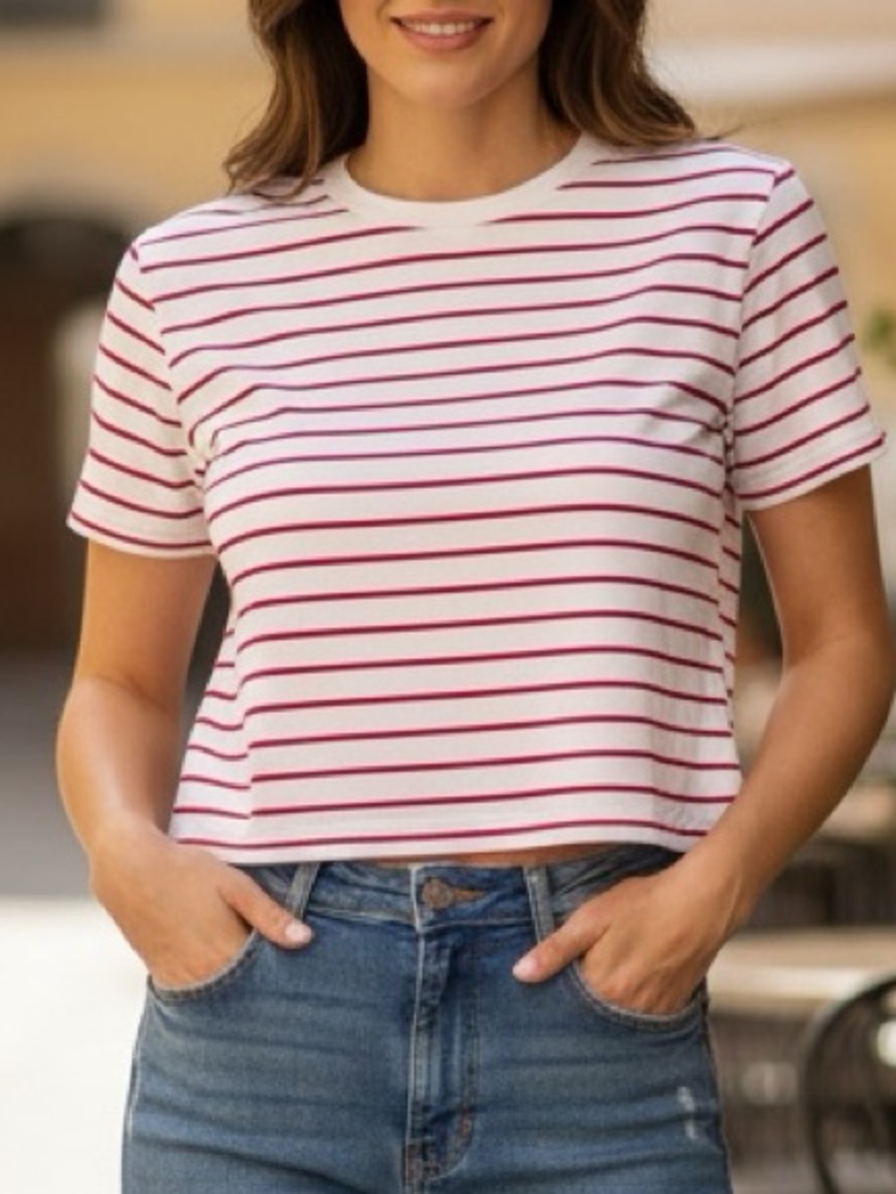 👛(ANY 2/$25) EAGLE Red Stripes on White Background Oversized Crop Top. Video